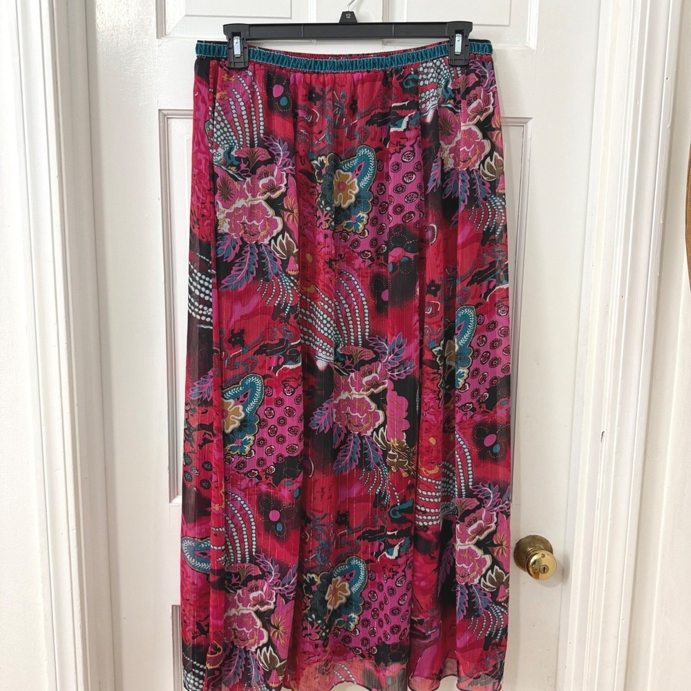 WD.NY‎ Boho Maxi Skirt Sz L Pink Artsy Velvet Waist Shimmer Gypsy  Maximalist